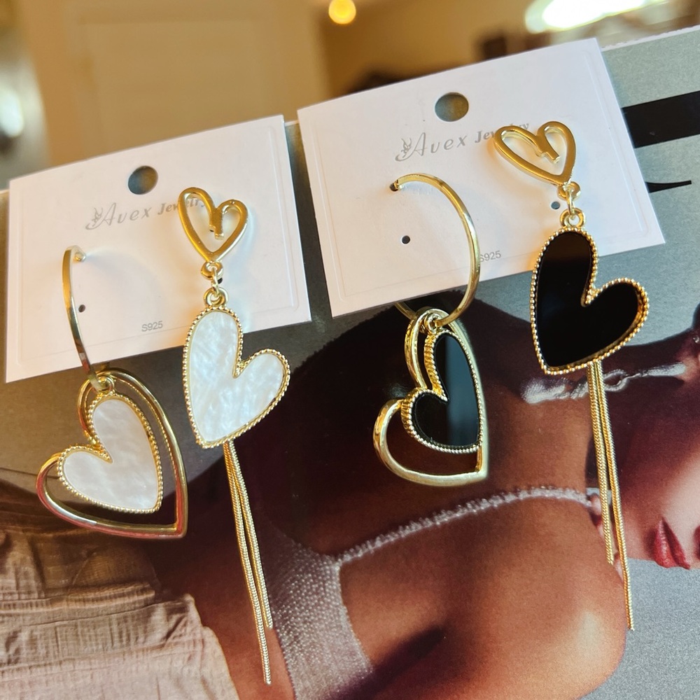 2 pairs of heart shaped dangling earrings, sterling silver 925, irregular design